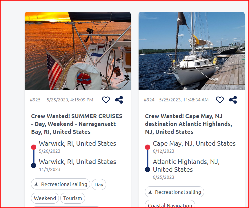 Screenshot of 2 requests from boat owners looking for crew online.