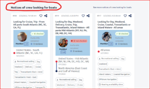 Screenshot showing sailors profile on crew finder website