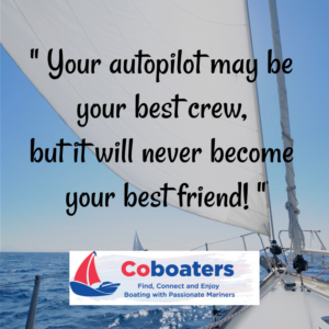 an image of a sail with blue sky. A saying "Your autopilot may be your best crew but it will never become your best friend?"