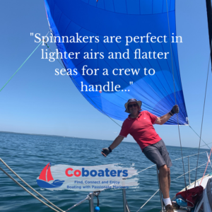 A sailor with a spinnaker in the background and a mariners quote about spinnakers