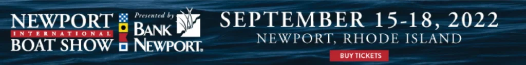 Banner with the logo of the Newport International Boat Show with logo and blue background.