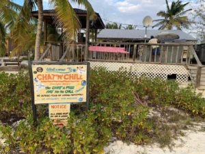 Welcome to Chat and Chill sign in front of a restaurant with palm trees