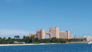 A view of a hotel resort in Nassau, Bahamas big building in front of the ocean
