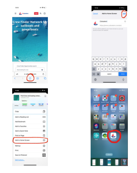 Screenshots of smartphone to show the 4 steps to create a shortcut to Coboaters on your I-phone