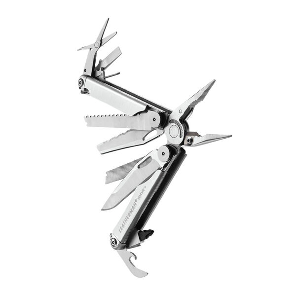 Leatherman tool open showing all tools