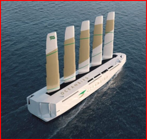 Wind-powered cargo ship Oceanbird with 5 wings sailing on the ocean